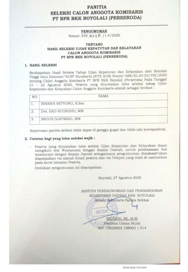 Hasil Seleksi Ujian Kepatutan Dan Kelayakan Calon Anggota Komisaris PT BPR BKK Boyolali ( PERSERODA )